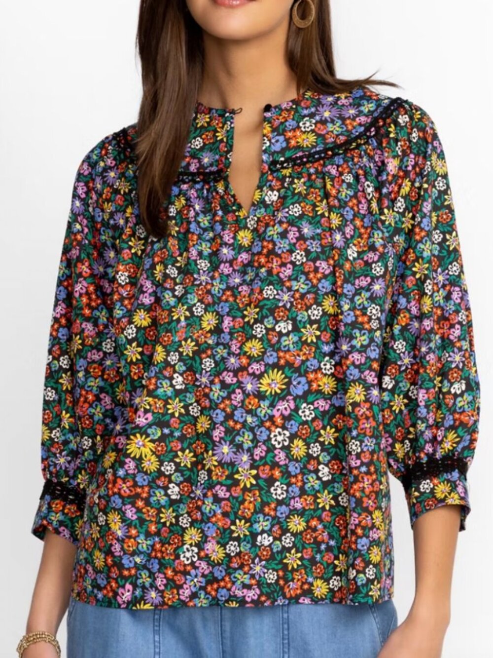 Johnny Was Risa Poplin Blouse In Black Floral Size L